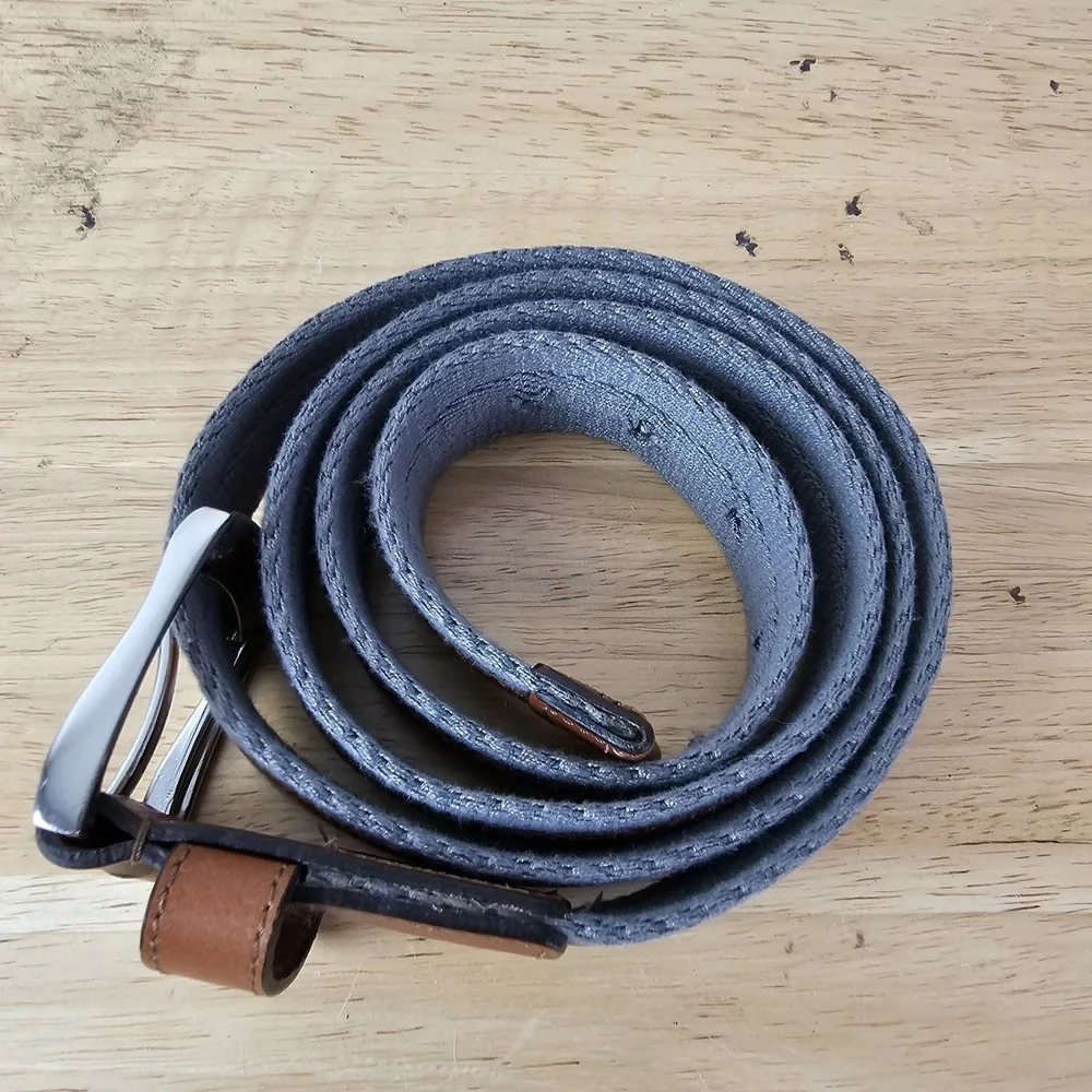 Florsheim Mens Brown Leather Gray Cotton Belt 42 Silvertone Buckle Preppy Office